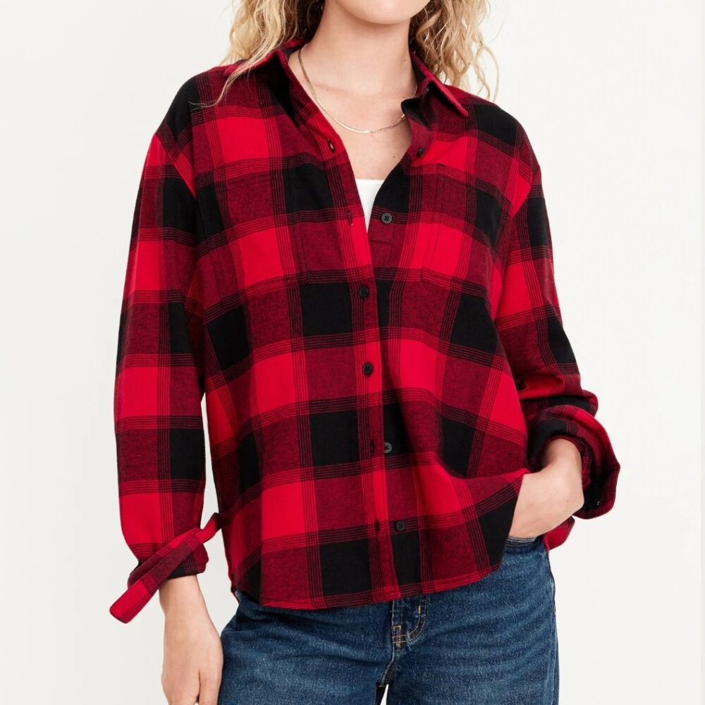 Red Buffalo check flannel boyfriend button down shirt